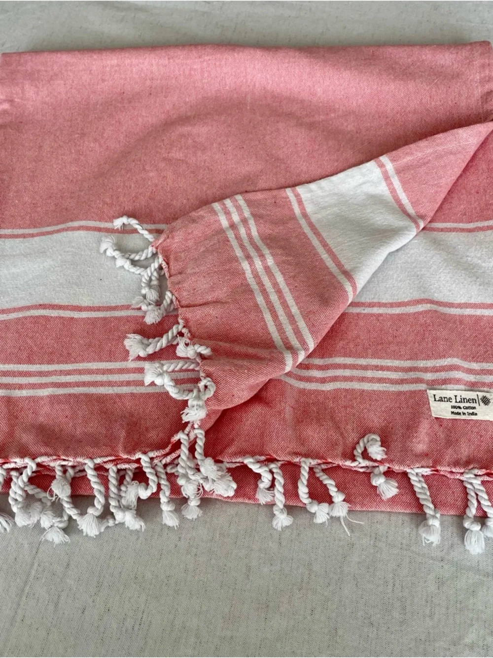 Lane Linen Turkish Beach Towel - Pink White Striped - Oversized 36.5W x70L EUC